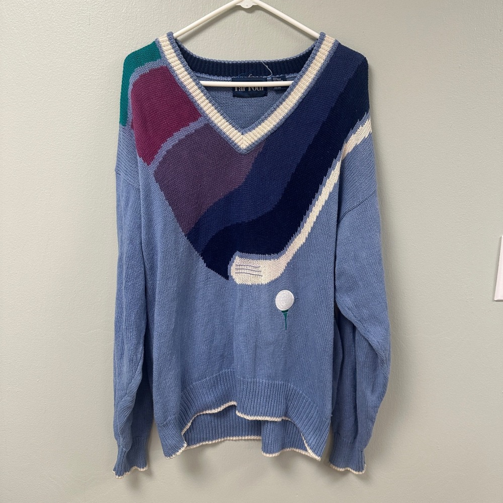 VTG Par Four Vintage Mens Golf Club Knit V-Neck Blue Large Grandpa Sweater